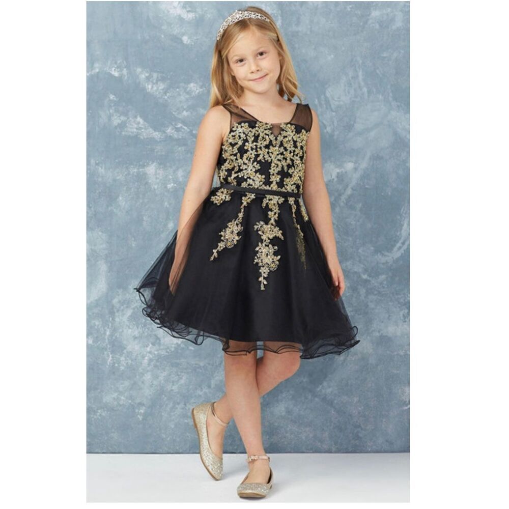 Tip Top Girls 12 Sleeveless Tulle Layer Formal Dress Gold Lace Applique Puffy